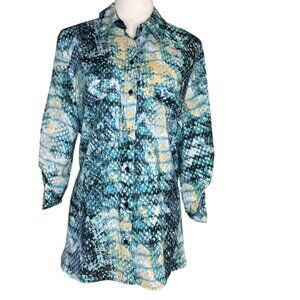 White Stag Women Patterned Blue Button Down Blouse Roll-Tab Sleeves Size 16/18